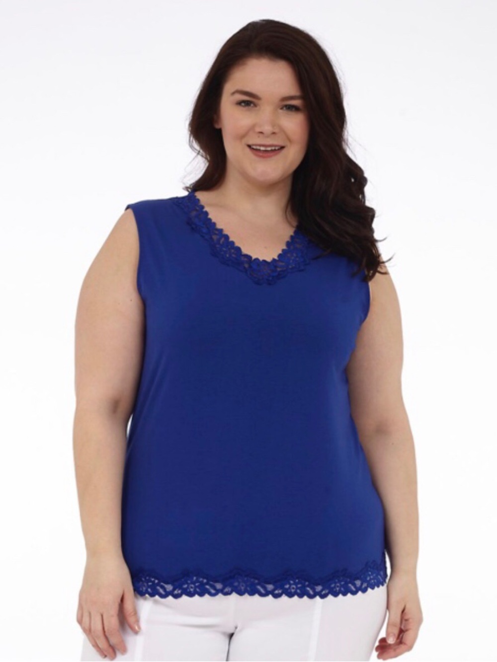Plus (Full Figure) Sleeveless V-Neck Tank Top with Decorative Lace-Royal Blue